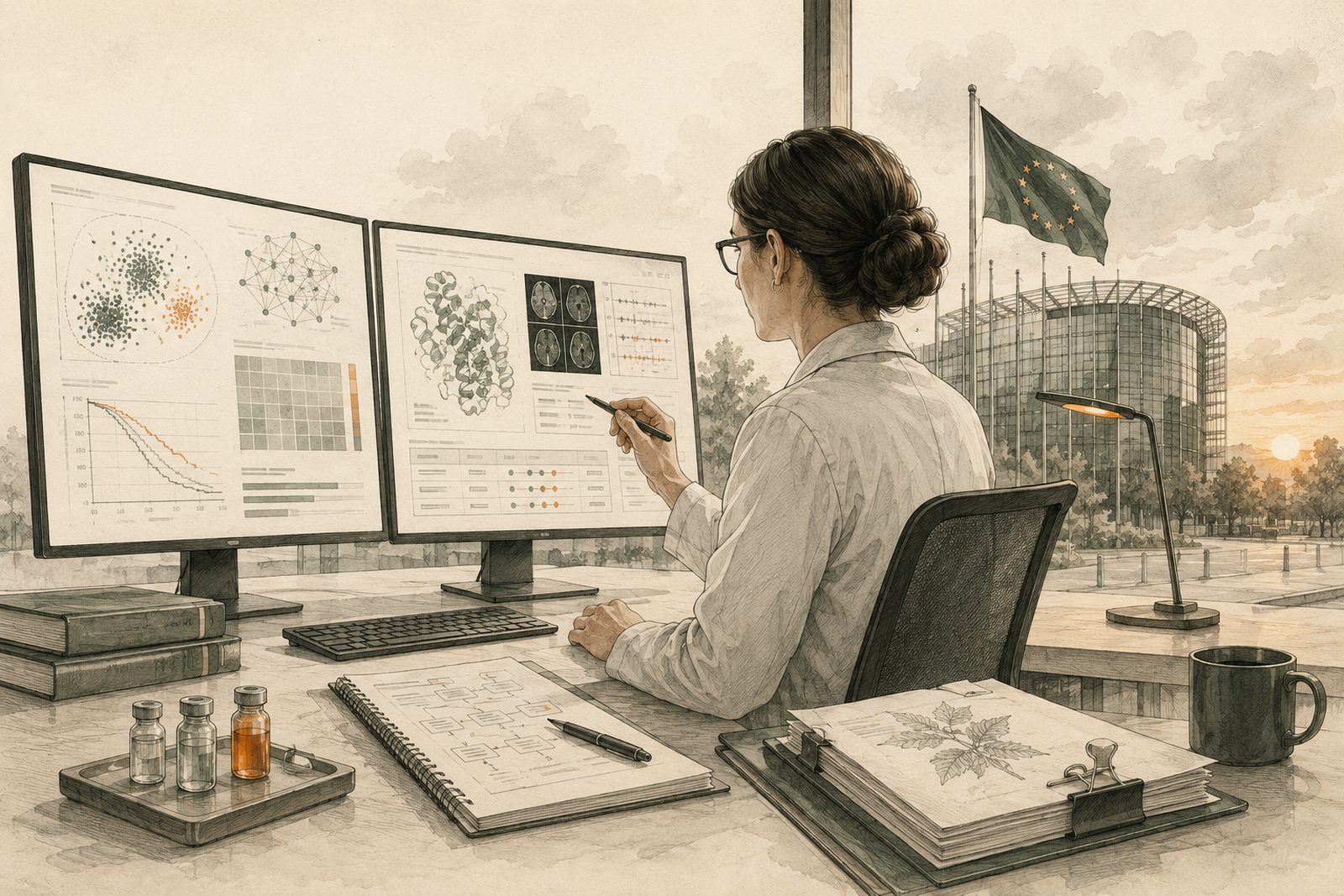 Evaluadora de una agencia del medicamento revisando datos clínicos con apoyo de una herramienta de inteligencia artificial