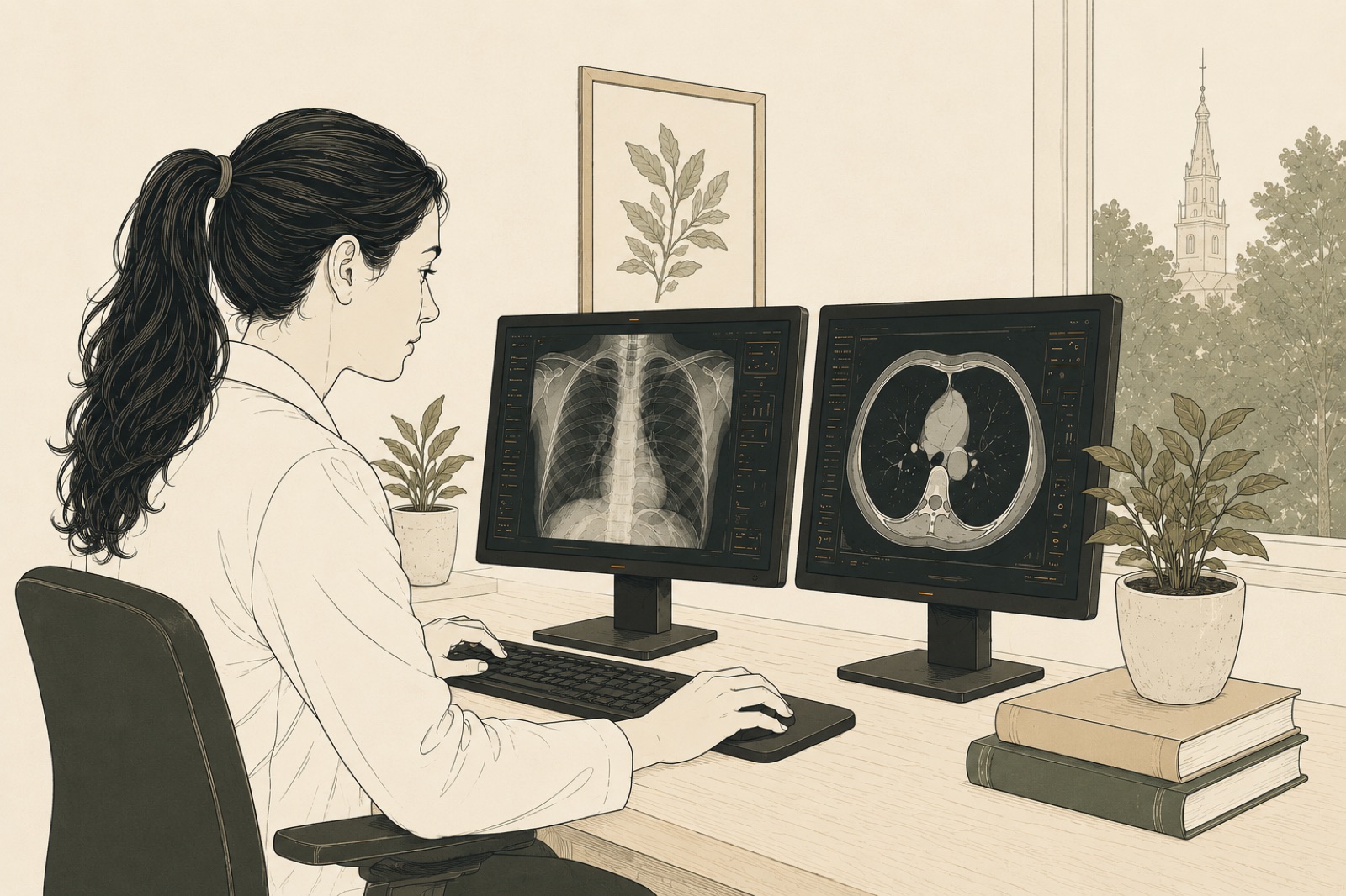 Radiologist reviewing X-rays with the support of artificial intelligence