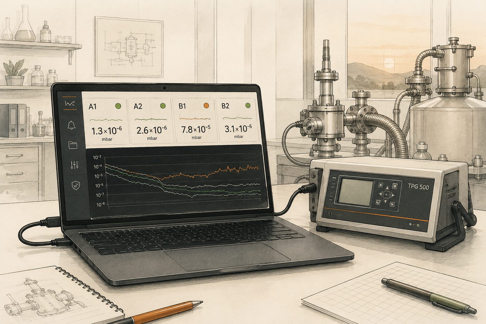 Pfeiffer TPG 500 vacuum monitor connected to a data-acquisition system showing total-pressure charts