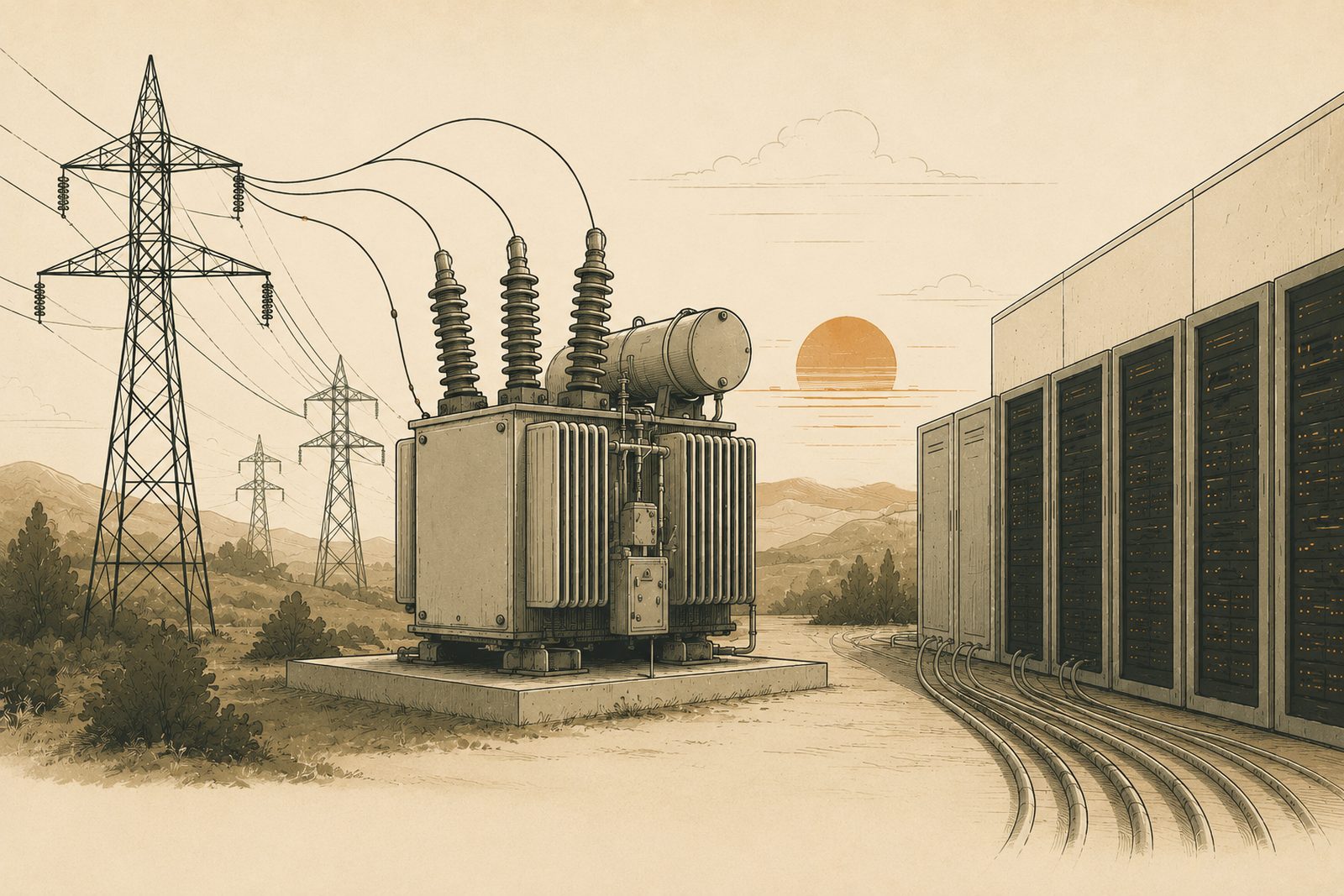 Subestación eléctrica de alta tensión con transformadores de potencia al atardecer